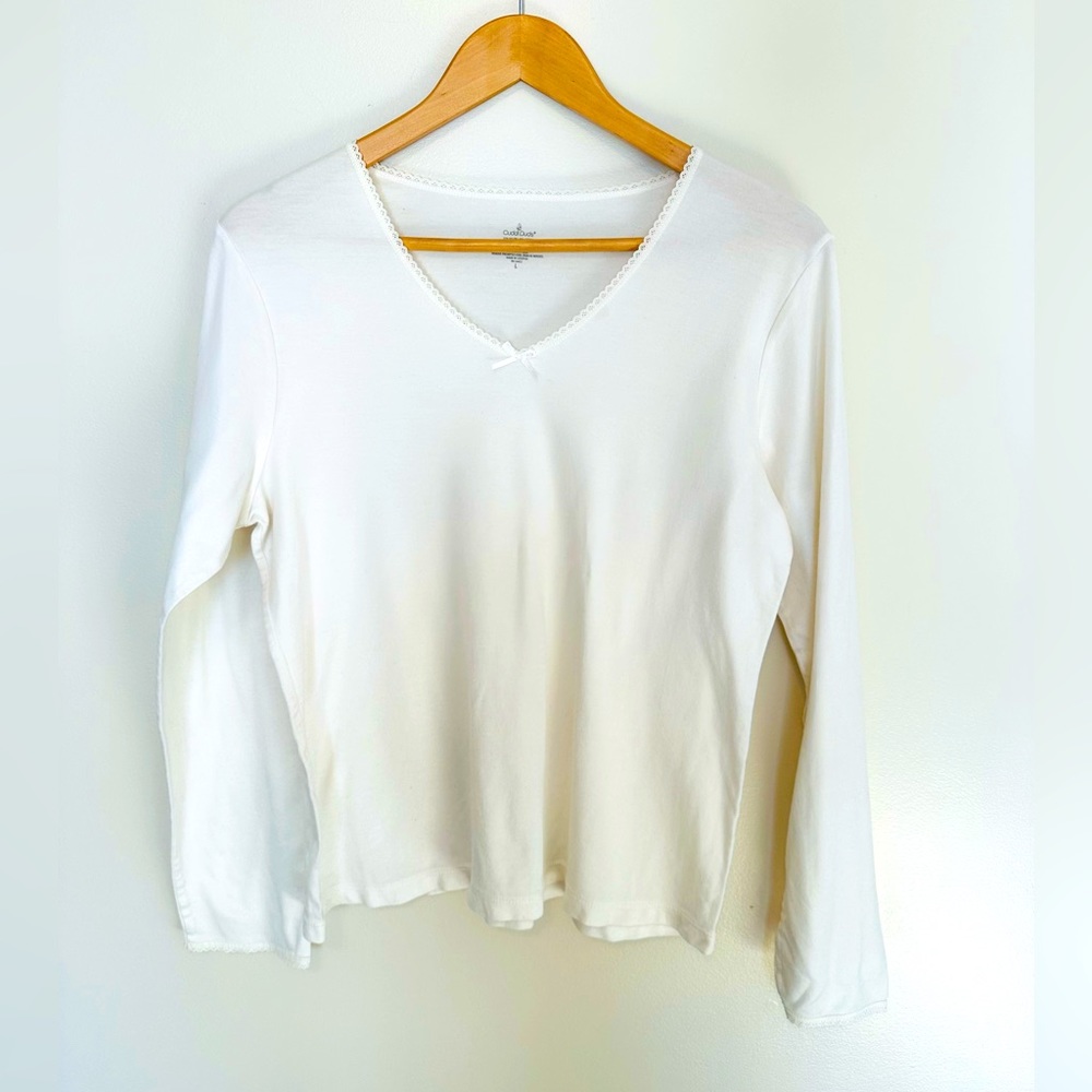 Cuddl Duds Women's White V Neck Long Sleeve Top - L